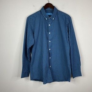 St Lynn Men Shirts XL Organic Cotton Button Down Sapphire Blue Gingham Check